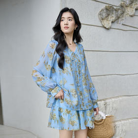 奢姿大码女装2025秋季青春减龄蝴蝶结印花衬衫胖妹妹时尚V领上衣