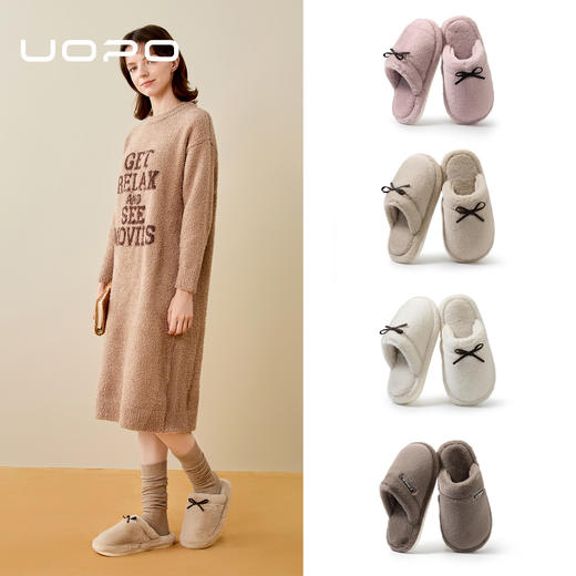 情侣款！2025秋冬蝴蝶结棉拖鞋女冬天保暖纯色室内居家加绒舒适百搭防滑毛绒拖鞋男 商品图3