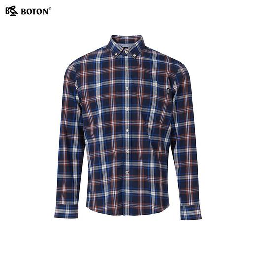 波顿男士秋冬季纯棉美式商务休闲长袖棕蓝色格子衬衫MS716323 商品图4