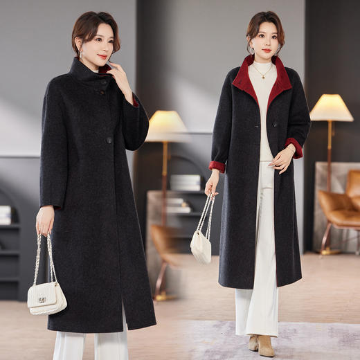 TC 236061双面双色立领双面羊毛呢大衣韩系长款加厚保暖宽松外套 商品图0