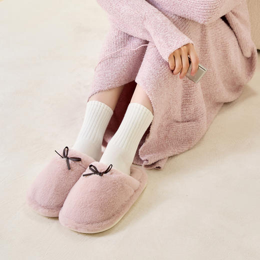 情侣款！2025秋冬蝴蝶结棉拖鞋女冬天保暖纯色室内居家加绒舒适百搭防滑毛绒拖鞋男 商品图2