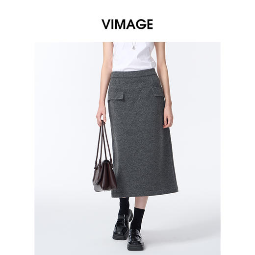 VIMAGE纬漫纪深灰色高级感后背开叉设计2025秋冬新品保暖半裙V2406108 商品图5