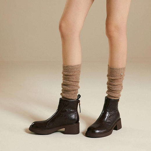 千百度粗跟切尔西靴女厚底羊皮靴增高加绒保暖短靴子A25552504 商品图4