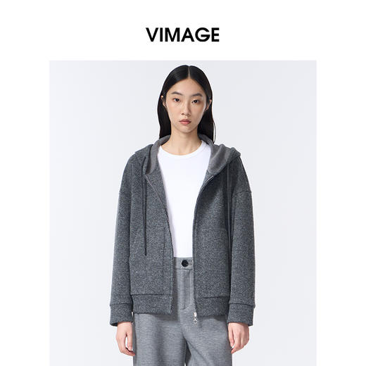 VIMAGE纬漫纪深灰色高级感带帽2025秋冬新款时尚减龄卫衣外套V2403104 商品图4