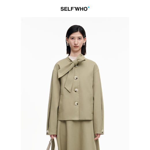 SELFWHO棉混纺卡其色飘带风衣外套女2025秋新款宽松显瘦百搭外套 商品图0