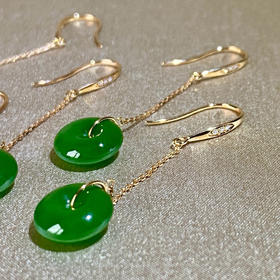 18K玫瑰金和田玉（碧玉）镶钻平安扣耳饰/平安扣10mm/菠菜绿/总长40mm