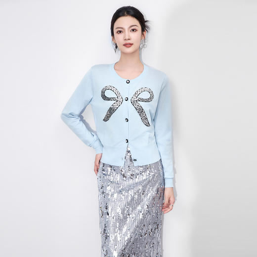 「高货wl」全新升级【铂金会员192/天猫259/差价67】(62812)洛诗琳莱赛尔细坑条针织衫2025秋季蝴蝶结亮片开衫外套女 商品图1