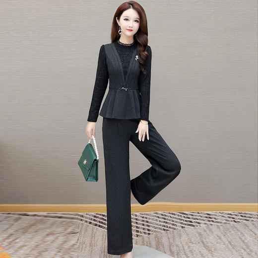 QYM 12125X02-Y时尚气质套装假两件收腰小衫+直筒阔腿裤套装 商品图1