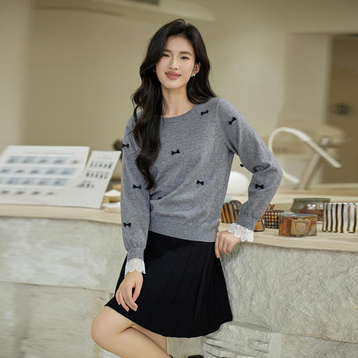 奢姿大码女装2025秋季胖妹妹时尚蝴蝶结装饰气质蕾丝花边针织衫9653253605 商品图2