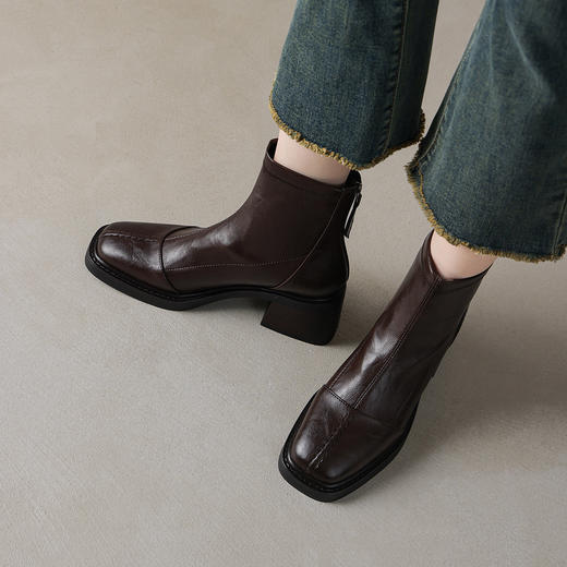 阿么手工女鞋软皮软底方头瘦瘦靴2025新款高级感百搭短靴粗跟6CM 商品图2