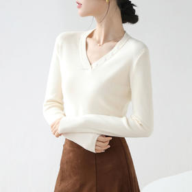 半身缘女装 秋季V领扣子装饰内搭针织打底衫毛衣VL001