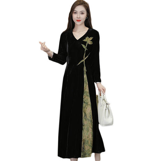 QYM 25XB529-Y金丝绒连衣裙妈妈装拼色印花裙时尚优雅裙 商品图4