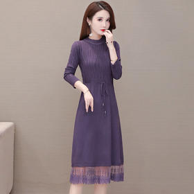 QYM 5CSF232-Y弹力毛线针织蕾丝网纱拼结连衣裙