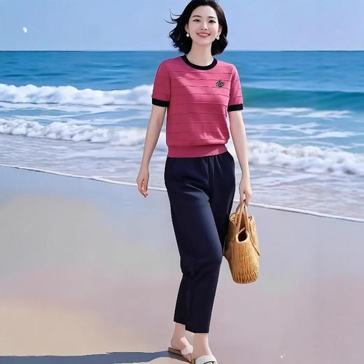 MZ19343超洋气搭配凉爽遮肉冰丝针织短袖上衣套装2025夏休闲哈伦裤两件套 商品图3