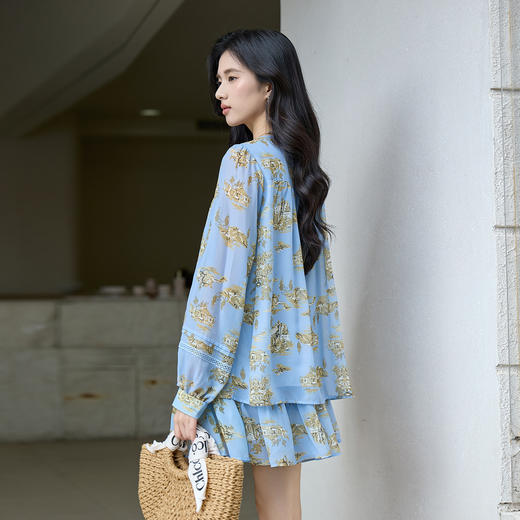 奢姿大码女装2025秋季胖妹妹时尚印花设计系带V领上衣短裙两件套9953953725AB 商品图3