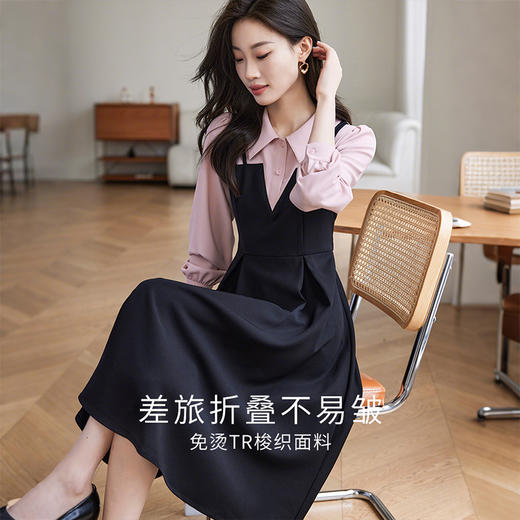 【年终特卖】熙世界2025秋季女装新款休闲气质学院风长袖拼接假两件衬衫连衣裙 商品图1