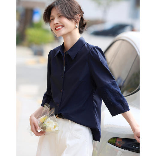 【年终特卖】熙世界七分袖天丝衬衫女2025初秋款法式洋气设计感衬衣中袖上衣 商品图1