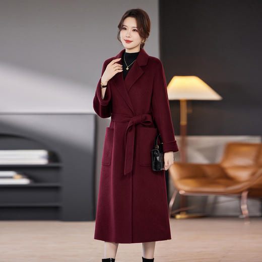 TC 236100双面羊毛大衣长款过膝枣红色呢子大衣 商品图2