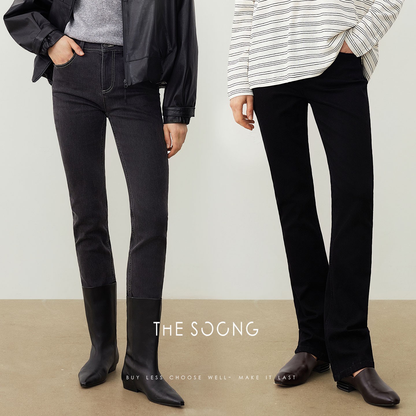 THESOONG|黑长直靴裤|12.6安洗水加软中腰拉链黑色弹力牛仔裤HBNZ3520
