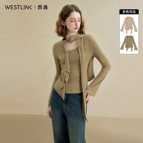 西遇不对称荷叶边飘带长袖T恤女秋季镂空修身打底针织衫V2851161