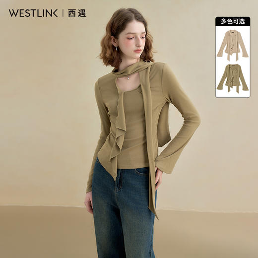 西遇不对称荷叶边飘带长袖T恤女秋季镂空修身打底针织衫V2851161 商品图0