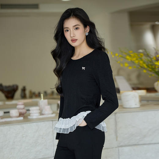 奢姿大码女装2025秋季时尚减龄蕾丝拼接针织衫胖妹妹气质圆领上衣9953153631 商品图1