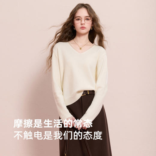 三彩2025冬季新款网纱拼接针织衫V领毛衫套头宽松M 商品图2