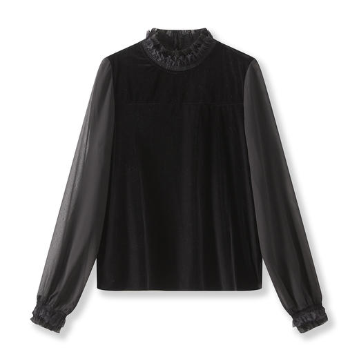 「高货wl」全新升级【铂金会员257/天猫339/差价82】(61223)洛诗琳法式丝绒拼接雪纺衬衫2025秋季花边领百搭通勤上衣 商品图4