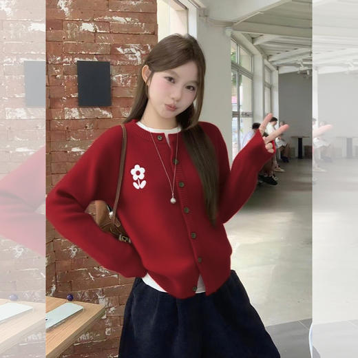 西遇长袖针织开衫女秋季新款韩系单排扣花朵圆领毛衣外套SS051543 商品图3