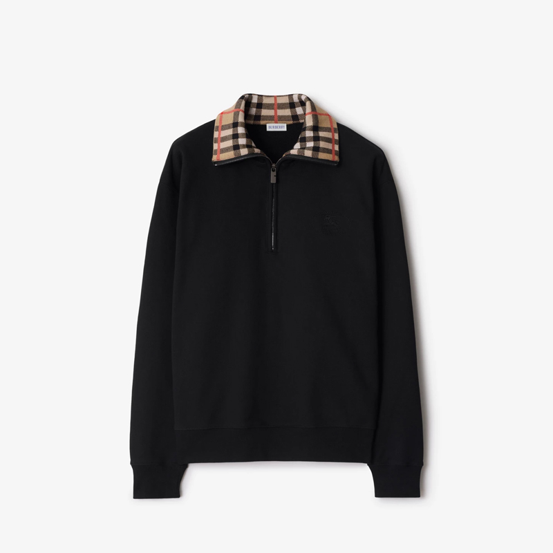 BURBERRY 巴宝莉 男士马术骑士印花刺绣格纹领棉质半拉链卫衣 黑色 8109063 A1189