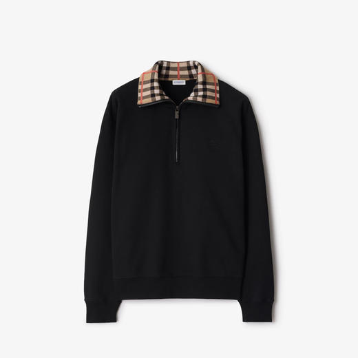 BURBERRY 巴宝莉 男士马术骑士印花刺绣格纹领棉质半拉链卫衣 黑色 8109063 A1189 商品图0