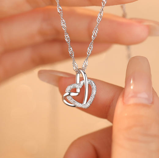 【心心相印】s925纯银双爱心镶锆石磨砂项链【DML-A3712】 商品图1