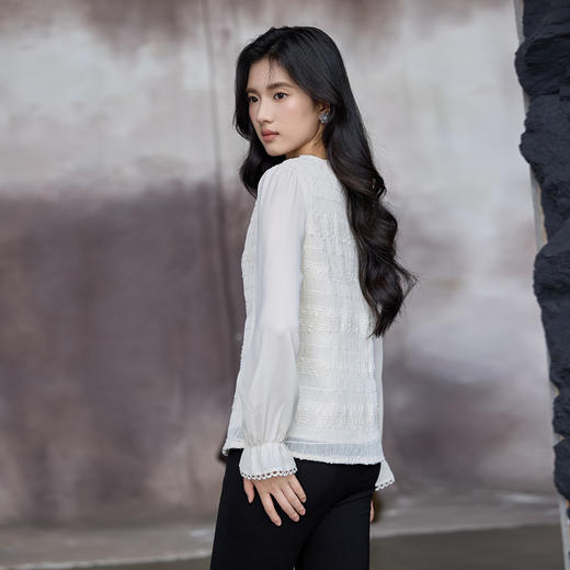 奢姿大码女装2025秋季减龄褶皱V领衬衫胖妹妹荷叶袖时尚百搭上衣9953269883 商品图3