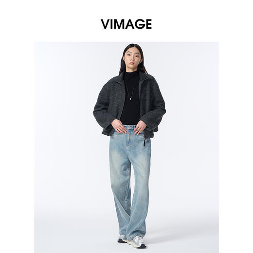 VIMAGE纬漫纪高级灰立领金属拉链设计慵懒感2025秋冬新款大衣外套V2403103 商品图0