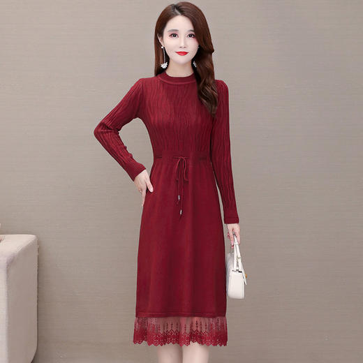 QYM 5CSF232-Y弹力毛线针织蕾丝网纱拼结连衣裙 商品图1