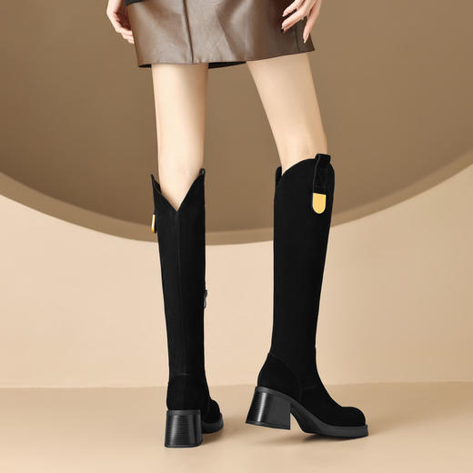 【预售7天】显腿长~英伦风粗跟长靴女磨砂皮秋冬新款高筒骑士靴复古西部靴FDME&FD8011-4 商品图3