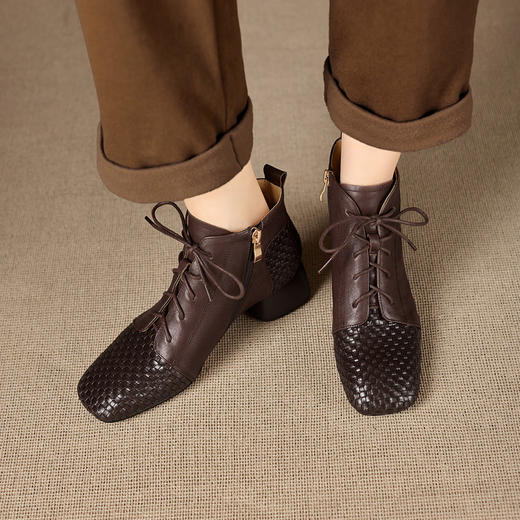 【预售5天】英伦风编织时尚高跟短靴，真皮圆头系带马丁靴气质显瘦及裸靴MBJR&5630 商品图1