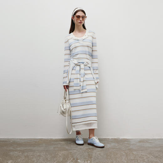 lost in echo2025春夏新款时尚撞色条纹针织工字吊带背心长半身裙 商品图0