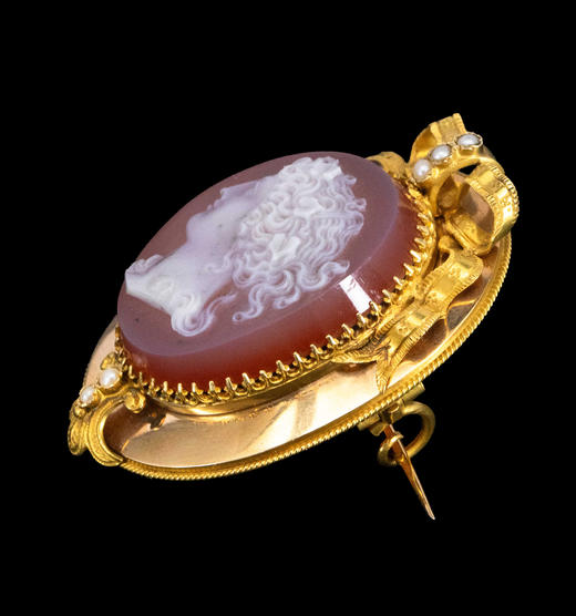 独角鹿西洋古董1850-1870年代法国拿破仑三世时期出品蝴蝶结造型18K黄金镶嵌天然海水珍珠及古典女神主题卡梅奥玉髓浮雕耳环及胸针套件 商品图3