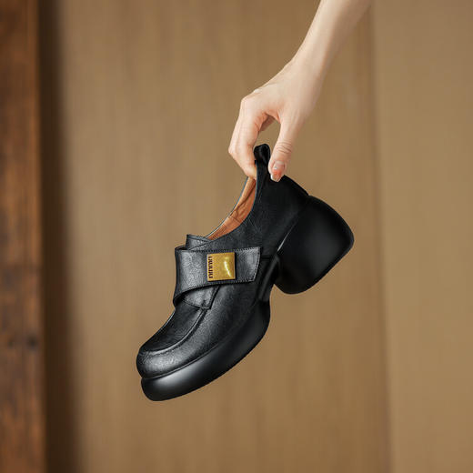 【预售5天】踩屎感真皮厚底小皮鞋女新款圆头深口单鞋一脚蹬粗跟高跟鞋DTN&D183-2 商品图2