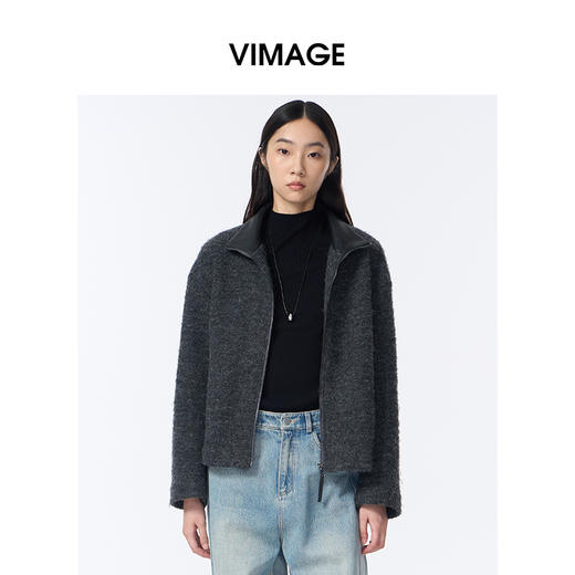 VIMAGE纬漫纪高级灰立领金属拉链设计慵懒感2025秋冬新款大衣外套V2403103 商品图2