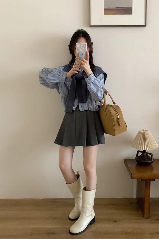 LNNNS 蓝灰色针织披肩条纹衬衫两件套 21009 商品图4