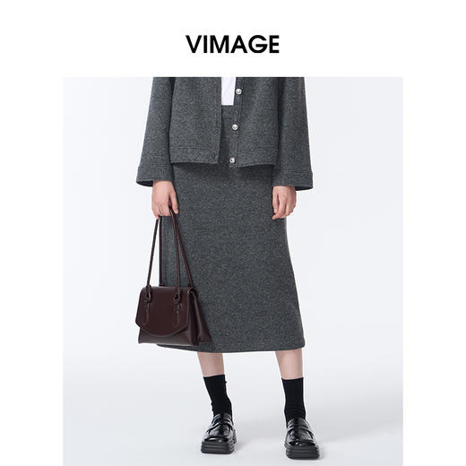 VIMAGE纬漫纪深灰色高级感后背开叉设计2025秋冬新品保暖半裙V2406108 商品图2