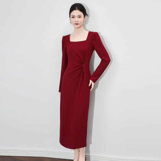 「高货wl」全新升级【铂金会员330/天猫439/差价109】(93737)洛诗琳法式方领镶钻连衣裙2025秋季收褶腰修身显瘦裙子女 商品图0