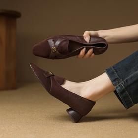 【预售5天】法式深口单鞋女春秋蝴蝶结方头低跟粗跟真皮翻毛皮乐福鞋女SSS&S9844
