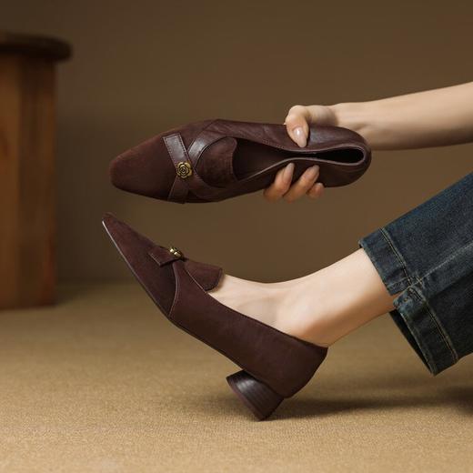 【预售5天】法式深口单鞋女春秋蝴蝶结方头低跟粗跟真皮翻毛皮乐福鞋女SSS&S9844 商品图0