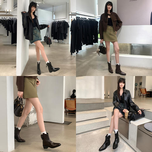 西遇尖头短靴女新款秋冬法式复古西部牛仔靴子V口粗跟瘦瘦靴V2057169 商品图2
