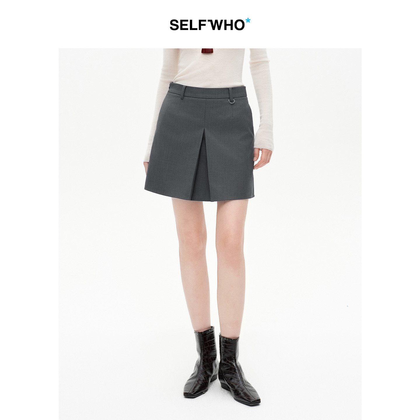 SELFWHO绵羊毛混纺灰色内褶短裙女2025冬季新款显瘦A摆廓形半身裙