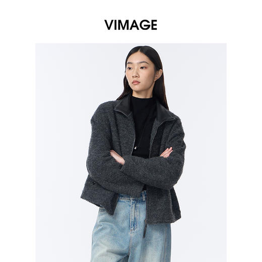 VIMAGE纬漫纪高级灰立领金属拉链设计慵懒感2025秋冬新款大衣外套V2403103 商品图5