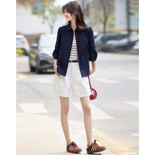 【年终特卖】熙世界七分袖天丝衬衫女2025初秋款法式洋气设计感衬衣中袖上衣 商品图2